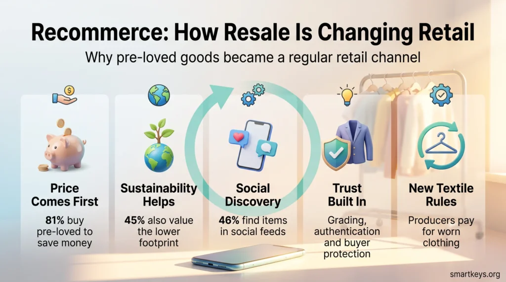 Recommerce infographic showing five drivers of resale in retail: saving money, sustainability, social discovery, built-in trust and new textile rules.