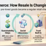 Recommerce infographic showing five drivers of resale in retail: saving money, sustainability, social discovery, built-in trust and new textile rules.