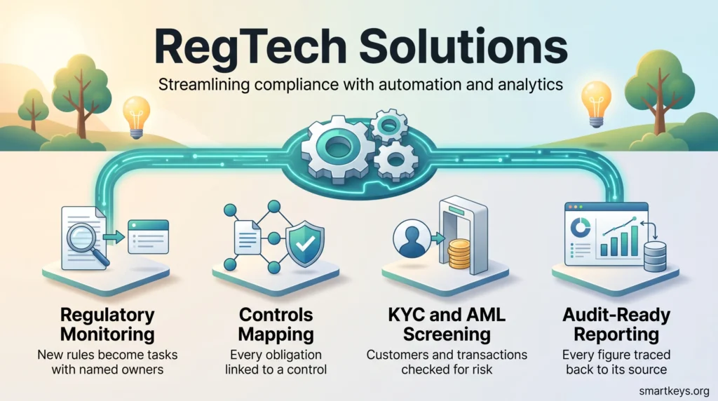 RegTech solutions infographic showing four compliance capabilities: regulatory monitoring, controls mapping, KYC and AML screening, and audit-ready reporting.