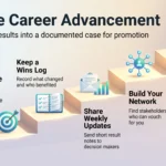 Remote Career Advancement: Ensuring Promotions and Visibility from Afar Remote career advancement infographic: five rising steps from a laptop to a growing tree, covering measurable goals, a wins log, weekly updates, networking and written criteria.