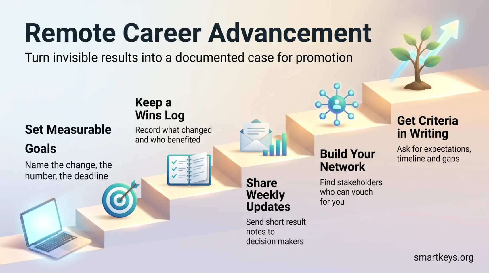 Remote career advancement infographic: five rising steps from a laptop to a growing tree, covering measurable goals, a wins log, weekly updates, networking and written criteria.