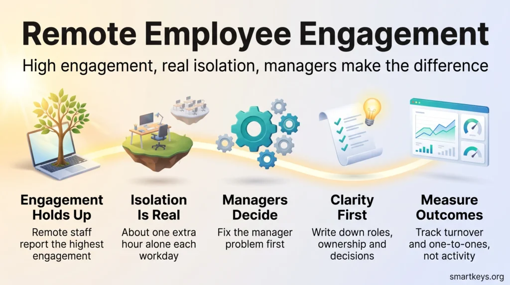 Infographic on remote employee engagement: high engagement, isolation risk, manager impact, role clarity and outcome-based measurement.