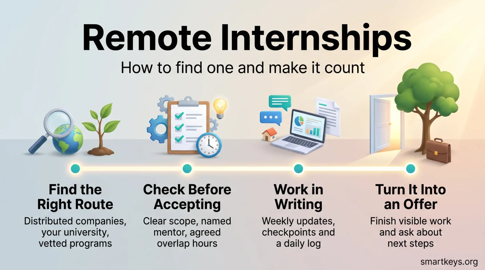 Remote internships infographic showing four steps: find the right route, check scope and mentor before accepting, work in writing, and turn it into a job offer.