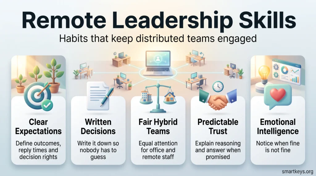Infographic on remote leadership skills: clear expectations, written decisions, fair hybrid teams, predictable trust and emotional intelligence.
