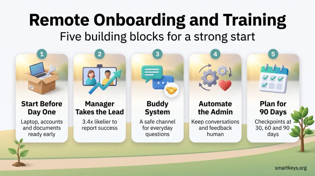 Remote onboarding infographic showing five building blocks: preboarding, manager involvement, a buddy system, automated admin and a 90-day plan.