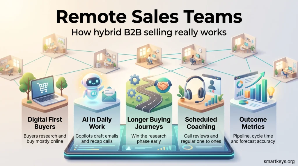 Remote sales teams infographic showing five pillars of hybrid B2B selling: digital first buyers, AI in daily work, longer buying journeys, coaching and outcome metrics.