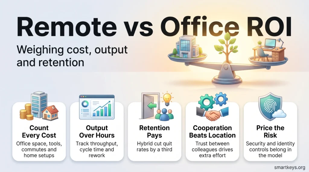 Infographic on remote vs office ROI: a balance scale weighs office and home work above five cards on costs, output, retention, cooperation and security risk.