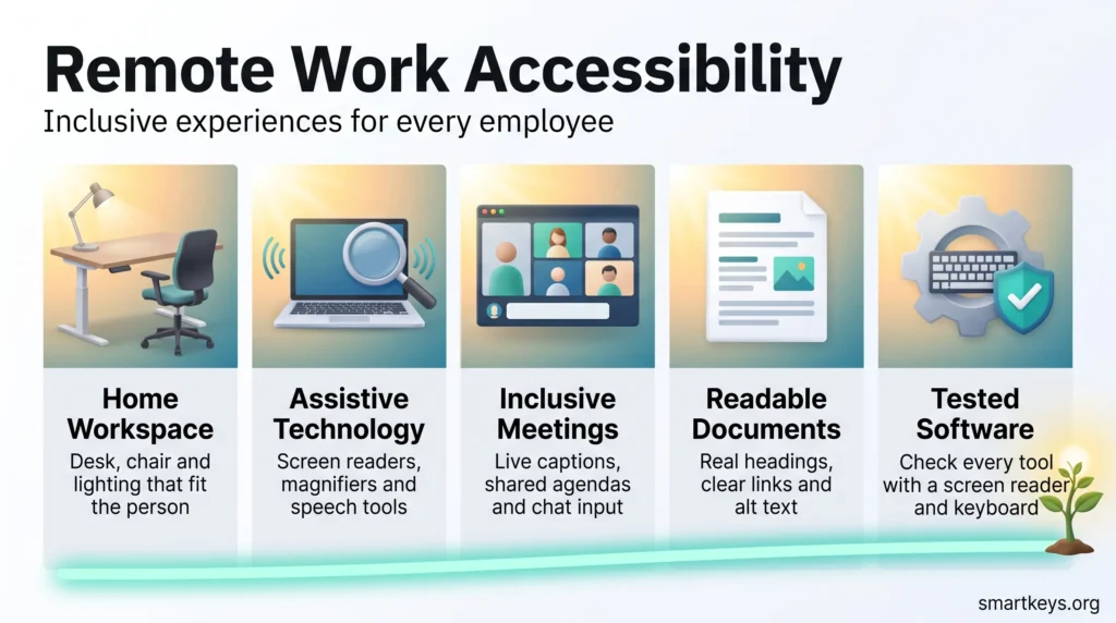 Remote work accessibility infographic with five pillars: home workspace, assistive technology, inclusive meetings, readable documents and tested software.