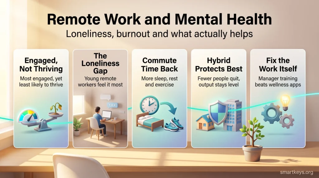 Infographic on remote work and mental health: engagement versus thriving, the loneliness gap, commute time regained, hybrid work and manager training.