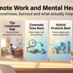 Infographic on remote work and mental health: engagement versus thriving, the loneliness gap, commute time regained, hybrid work and manager training.