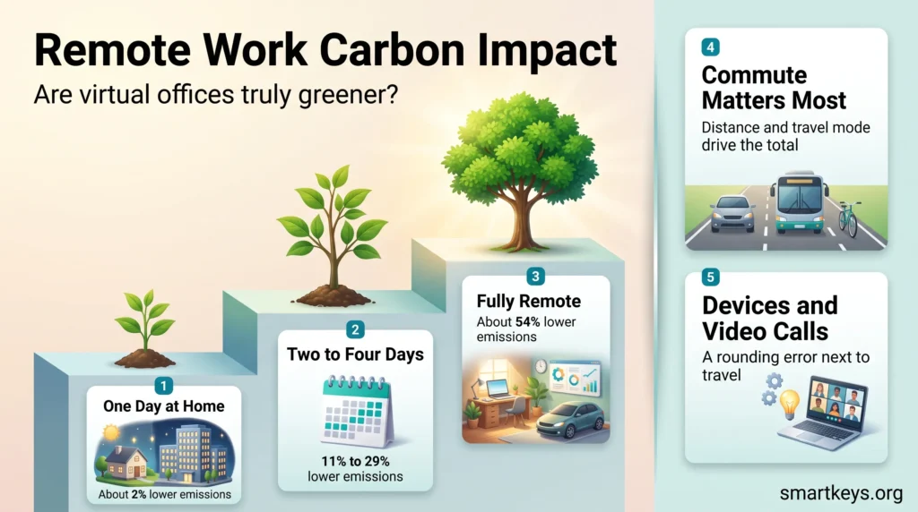 Infographic on remote work carbon impact comparing emission cuts for one home day, two to four days and fully remote work, with the commute as the biggest lever.