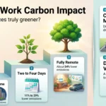 Remote Work Carbon Impact: Are Virtual Offices Truly Greener? Infographic on remote work carbon impact comparing emission cuts for one home day, two to four days and fully remote work, with the commute as the biggest lever.
