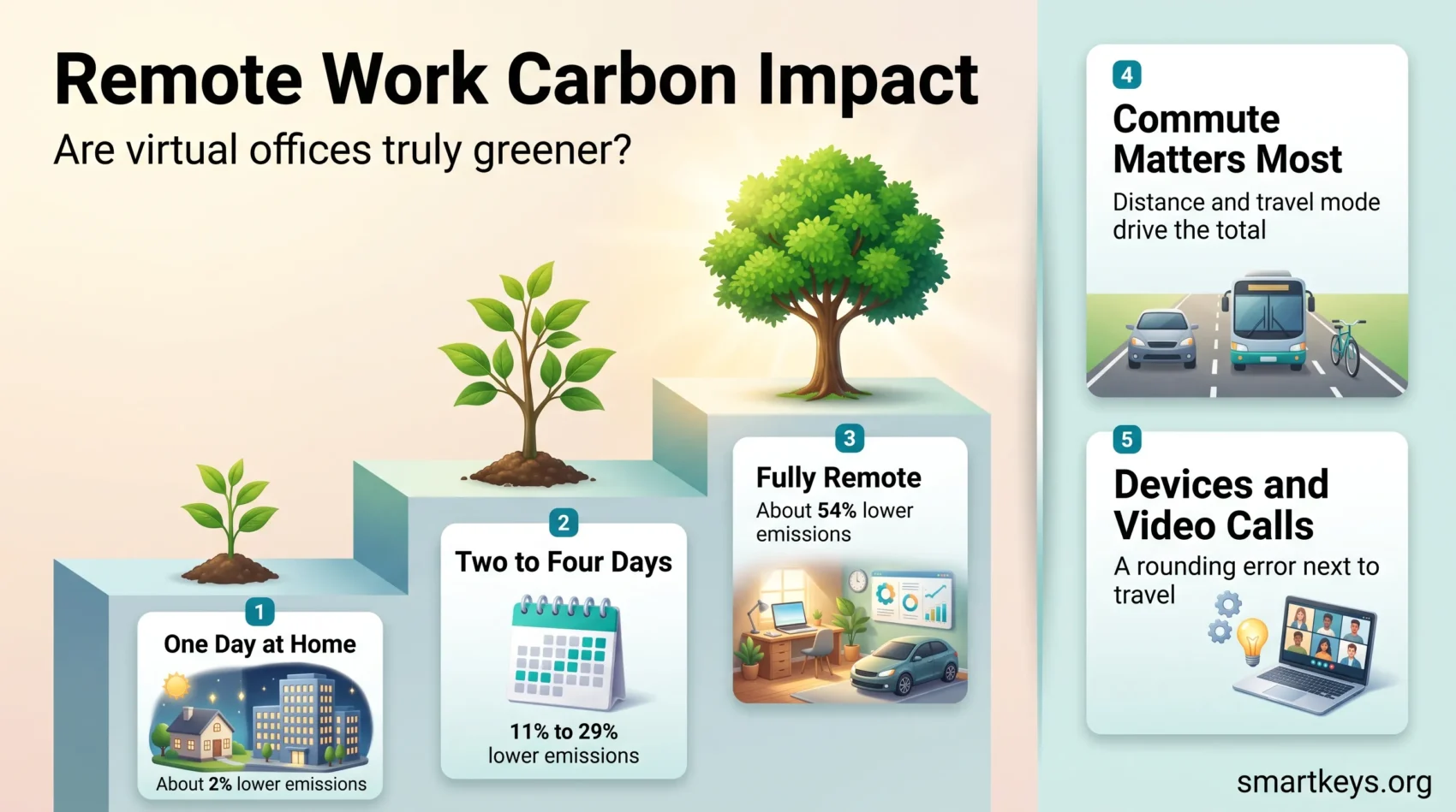 Infographic on remote work carbon impact comparing emission cuts for one home day, two to four days and fully remote work, with the commute as the biggest lever.