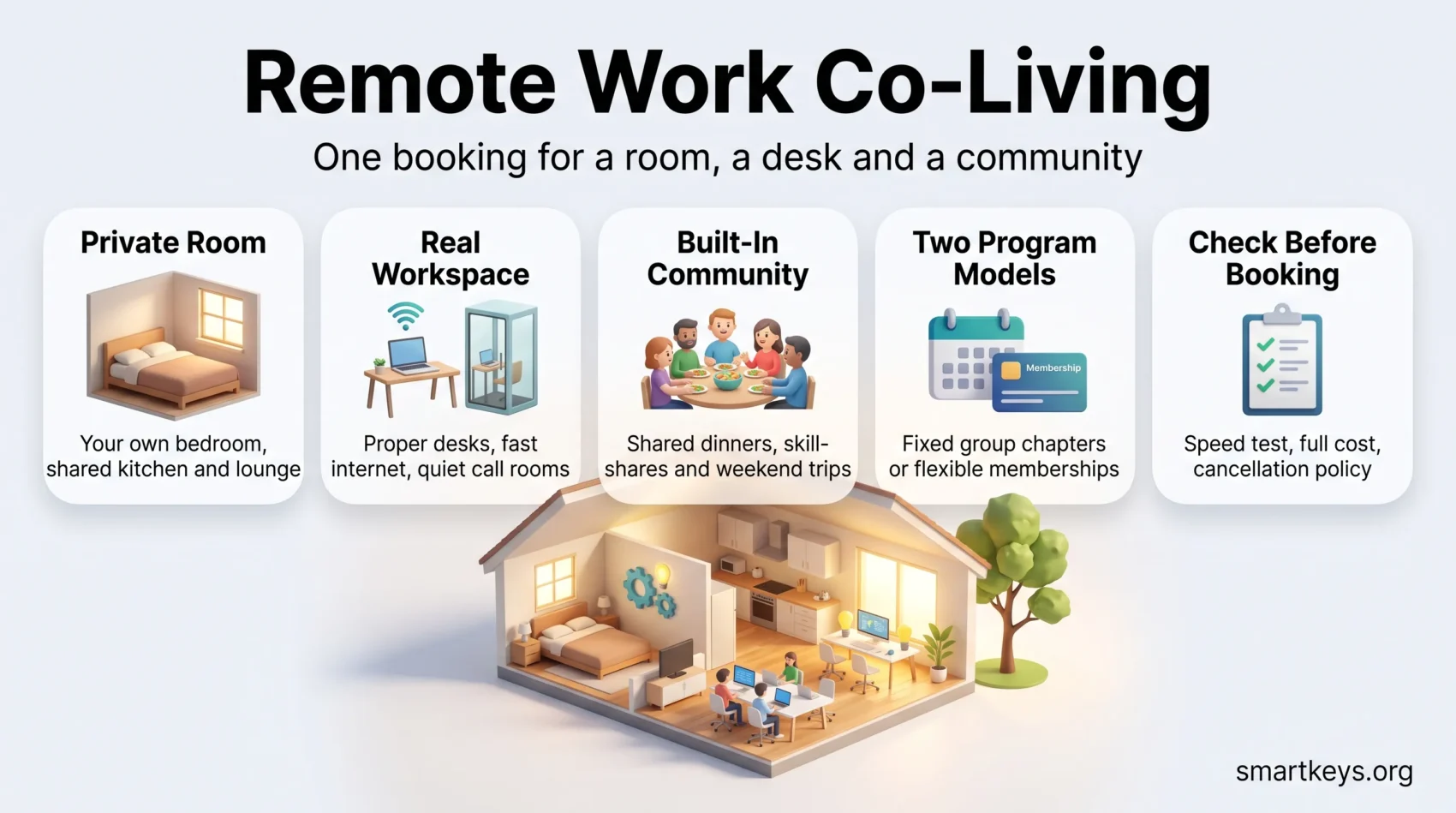 Remote work co-living infographic showing private rooms, real workspaces, a built-in community, two program models and checks to make before booking.