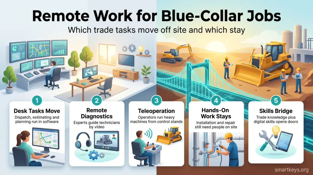 Infographic on remote work for blue-collar jobs: dispatch, remote diagnostics and teleoperation move off site, while hands-on installation and repair stay on site.