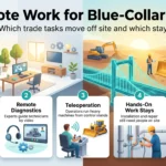 Infographic on remote work for blue-collar jobs: dispatch, remote diagnostics and teleoperation move off site, while hands-on installation and repair stay on site.