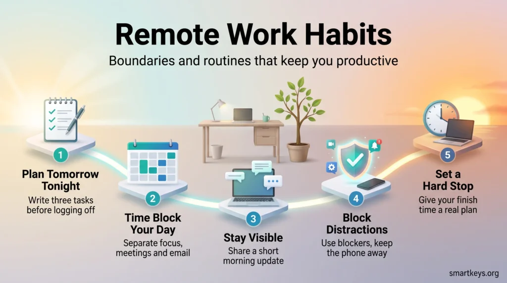 Remote work habits infographic showing five routines along a workday: plan tomorrow tonight, time block, stay visible, block distractions, set a hard stop.