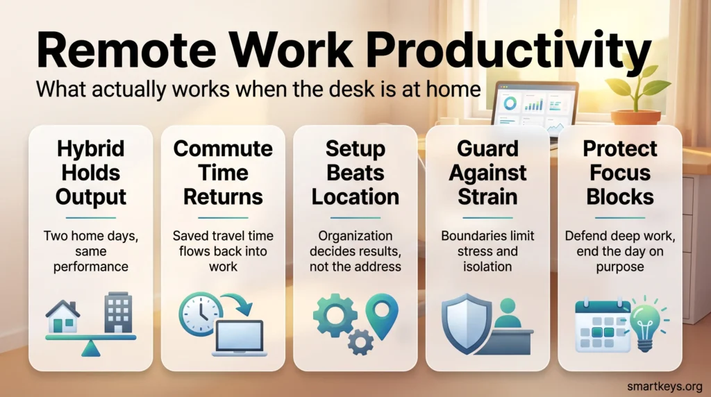 Remote work productivity infographic with five factors: hybrid schedules, commute time, work setup, healthy boundaries and protected focus blocks.