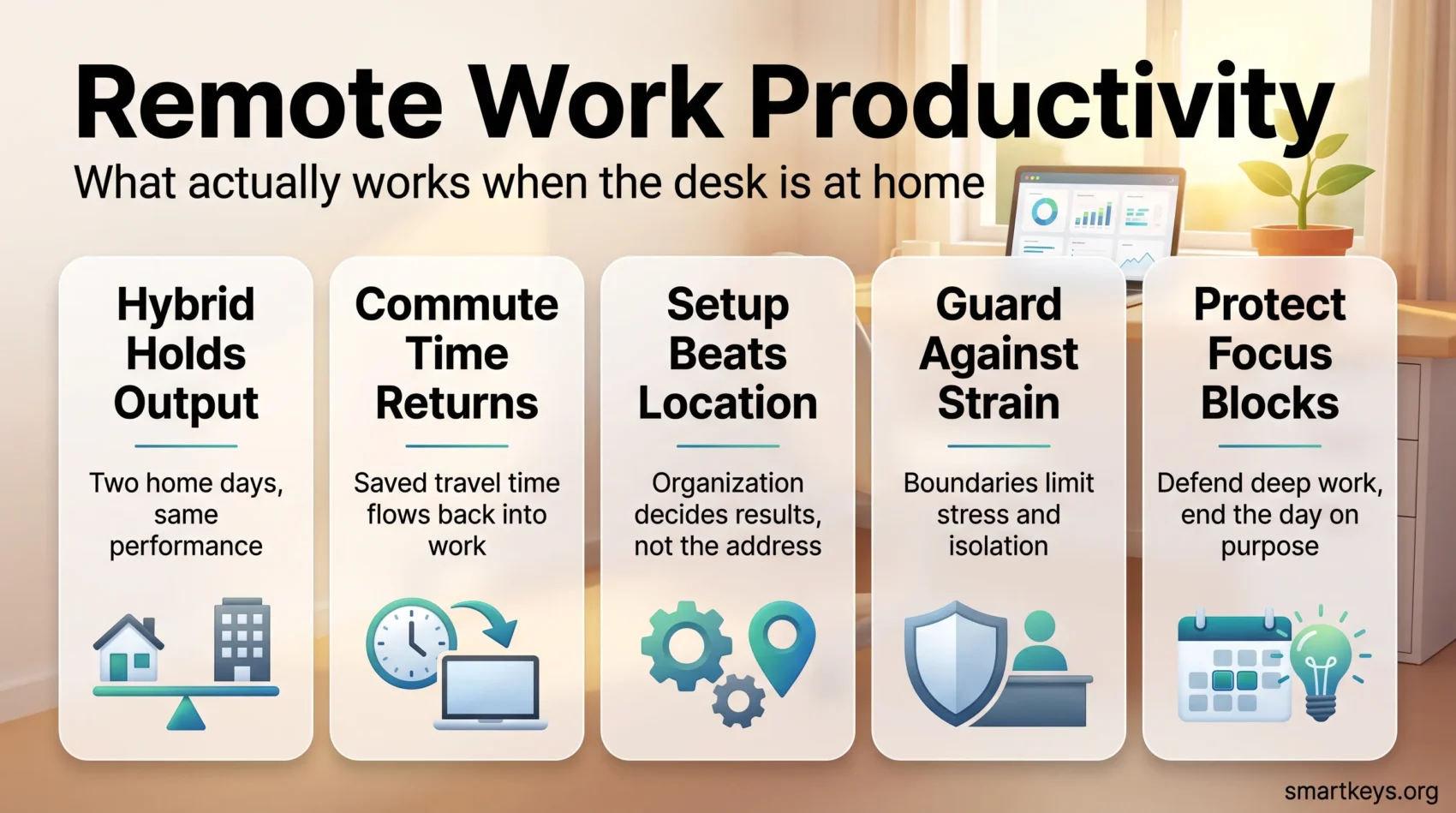 Remote work productivity infographic with five factors: hybrid schedules, commute time, work setup, healthy boundaries and protected focus blocks.