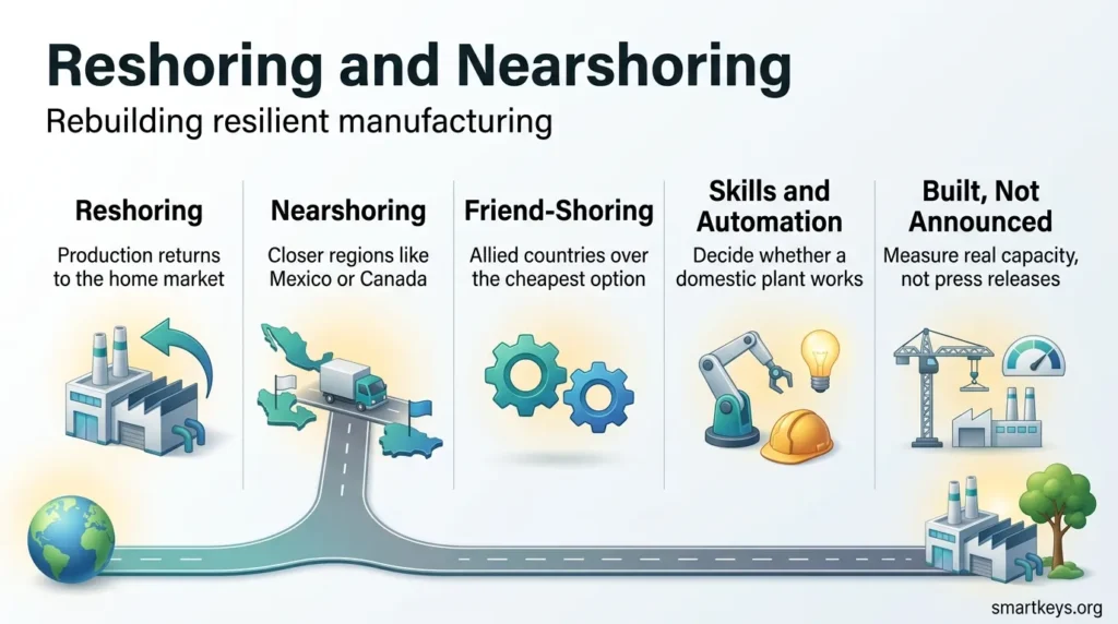 Reshoring manufacturing infographic tracing a supply route home through reshoring, nearshoring, friend-shoring, automation skills and built capacity.