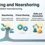 Reshoring manufacturing infographic tracing a supply route home through reshoring, nearshoring, friend-shoring, automation skills and built capacity.