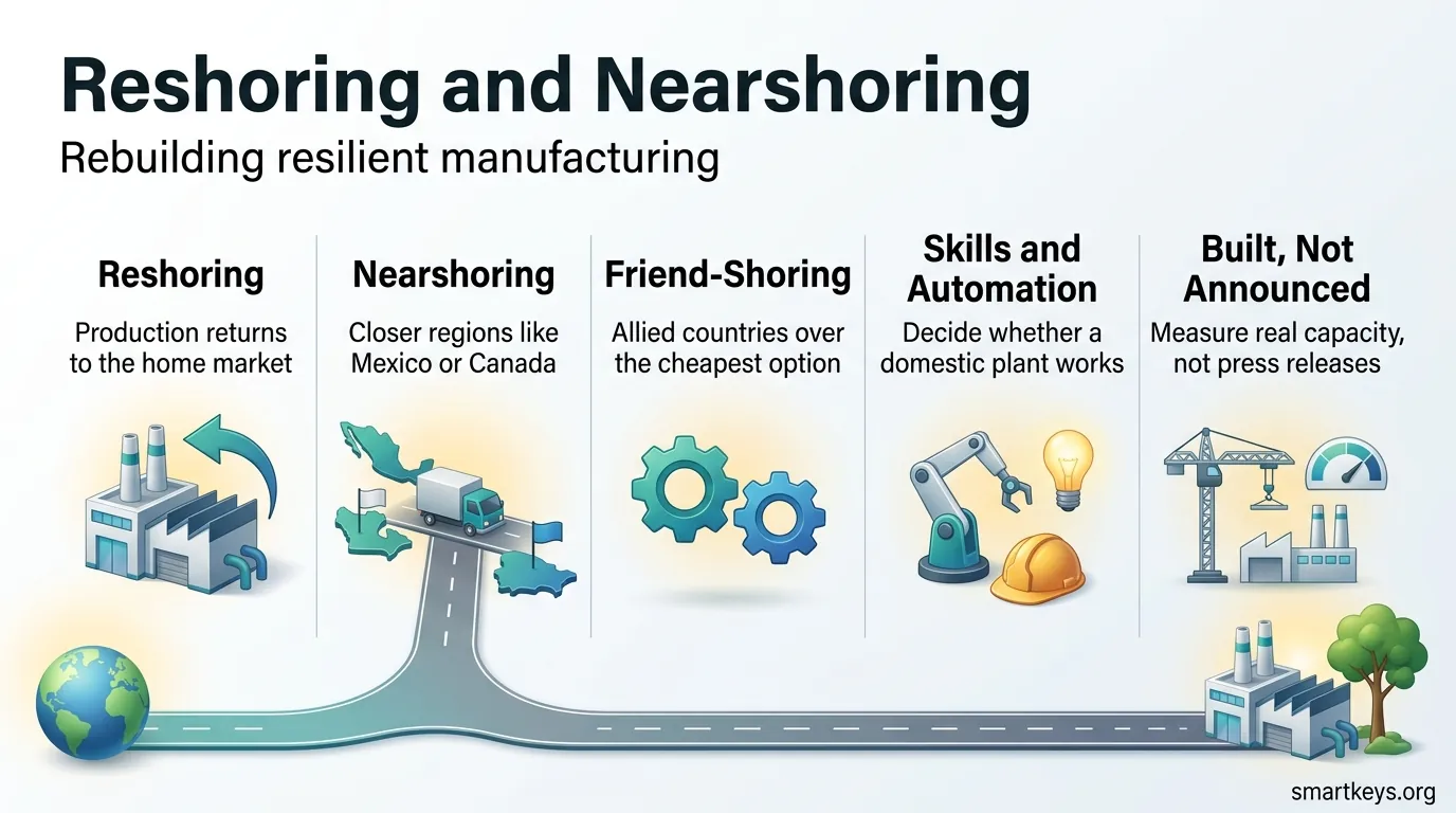 Reshoring manufacturing infographic tracing a supply route home through reshoring, nearshoring, friend-shoring, automation skills and built capacity.