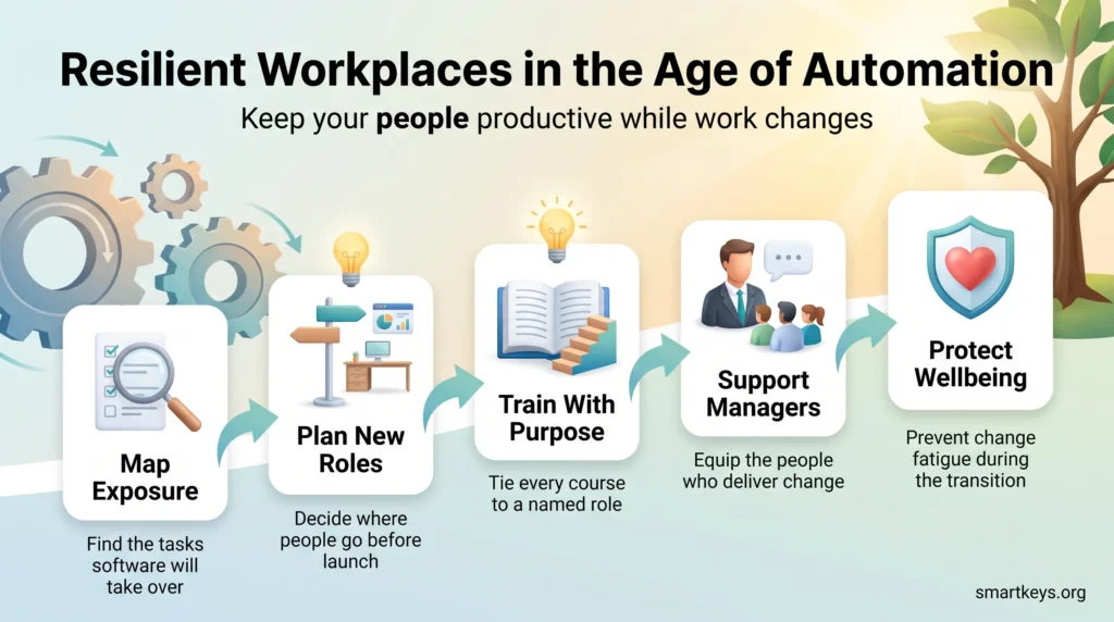 Infographic on resilient workplaces in the age of automation: map exposure, plan new roles, train with purpose, support managers and protect wellbeing.