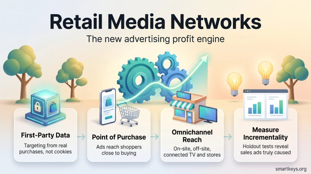 Infographic on retail media networks: gears drive a growth curve above four steps, first-party data, point of purchase, omnichannel reach and incrementality.