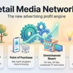 Infographic on retail media networks: gears drive a growth curve above four steps, first-party data, point of purchase, omnichannel reach and incrementality.