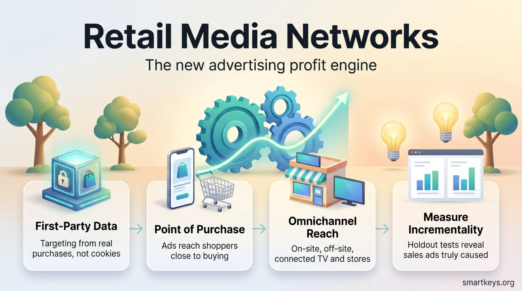 Infographic on retail media networks: gears drive a growth curve above four steps, first-party data, point of purchase, omnichannel reach and incrementality.