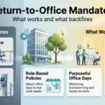 Return-to-Office Mandates 2026: What Works and What Backfires Infographic comparing return-to-office mandates that backfire, like rigid attendance rules and badge tracking, with role-based policies, purposeful office days and outcome measurement.
