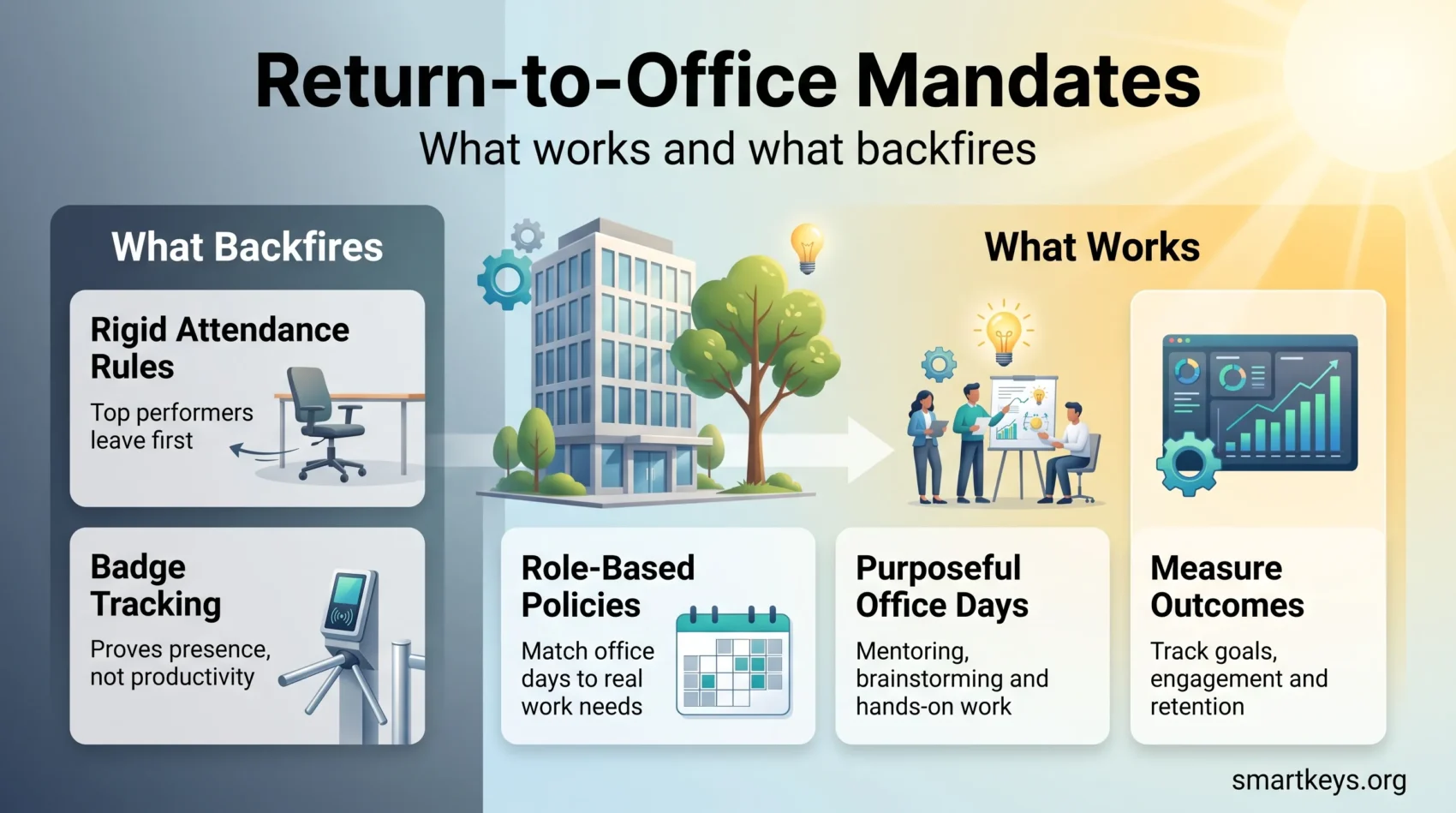 Infographic comparing return-to-office mandates that backfire, like rigid attendance rules and badge tracking, with role-based policies, purposeful office days and outcome measurement.