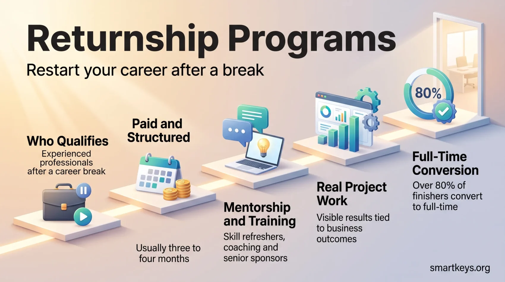 Returnship programs infographic: eligibility, a paid three to four month structure, mentorship, real project work and over 80% conversion to full-time roles.