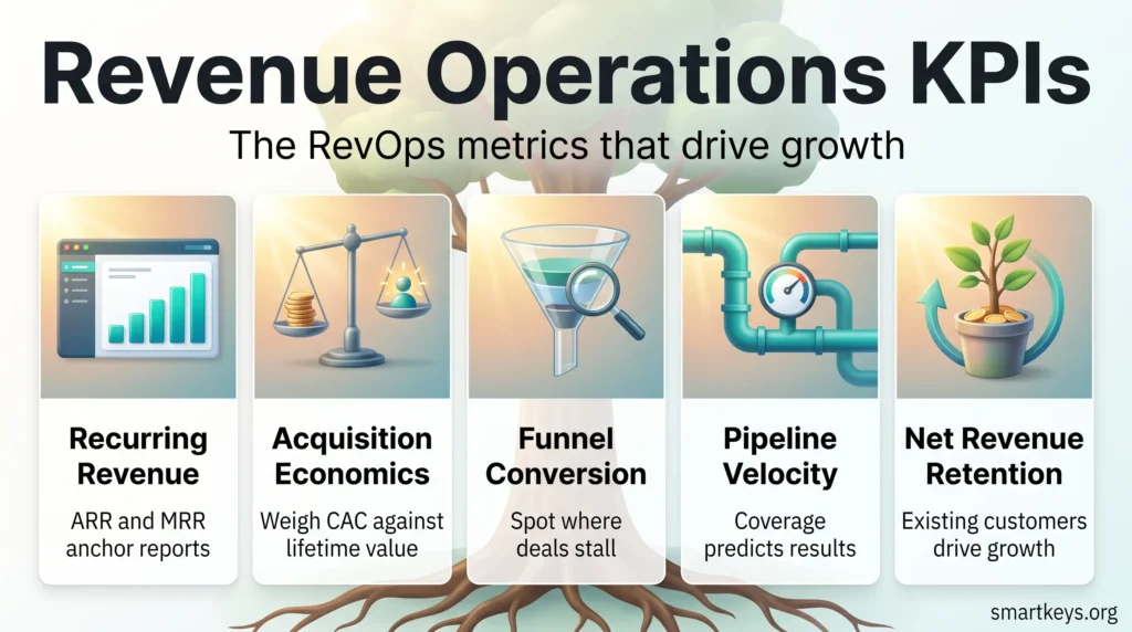 Revenue operations KPIs infographic showing recurring revenue, acquisition economics, funnel conversion, pipeline velocity and net revenue retention.