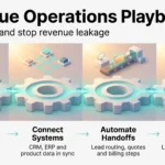 Infographic of a revenue operations playbook: consolidate records, connect systems, automate handoffs and learn from live revenue data.