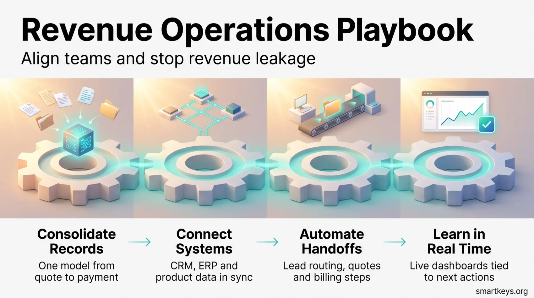 Infographic of a revenue operations playbook: consolidate records, connect systems, automate handoffs and learn from live revenue data.