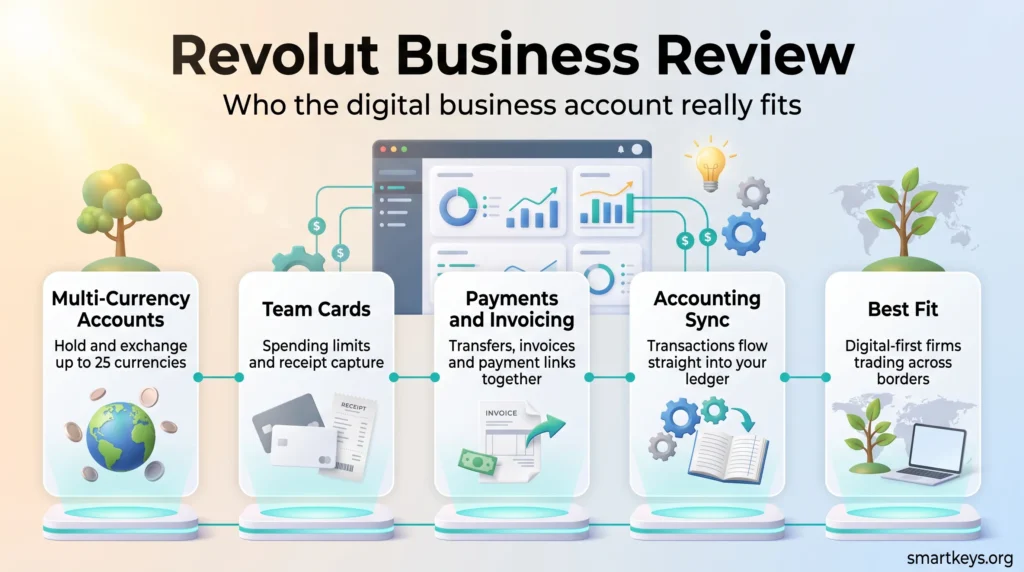 Revolut Business review infographic showing five features: multi-currency accounts, team cards, payments and invoicing, accounting sync and best-fit companies.