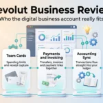 Revolut Business Review 2026: Pricing, Features and Verdict Revolut Business review infographic showing five features: multi-currency accounts, team cards, payments and invoicing, accounting sync and best-fit companies.
