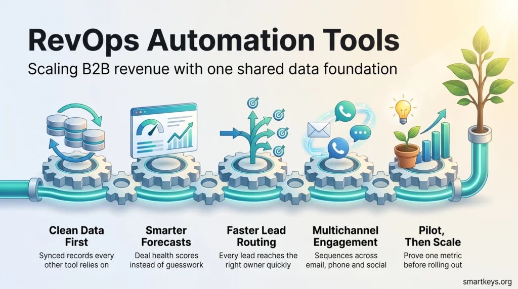 Infographic on RevOps automation tools: clean data, smarter forecasts, faster lead routing, multichannel engagement and piloting before you scale.
