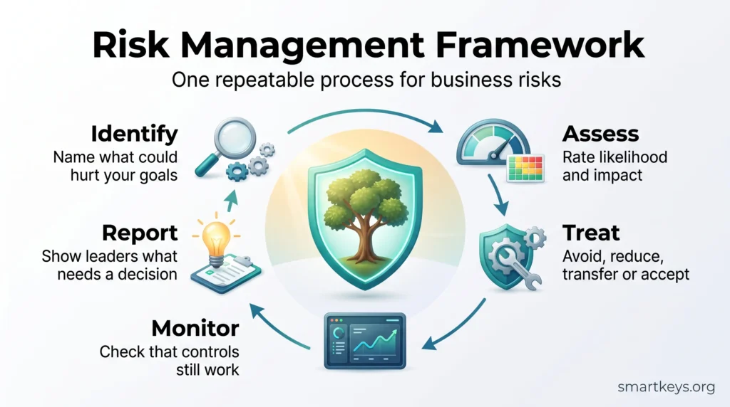Risk management framework infographic showing a five step cycle: identify, assess, treat, monitor and report, around a shield protecting a tree.