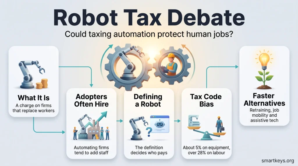 Robot tax debate infographic showing what a robot tax is, why defining a robot is hard, the tax bias favouring equipment over labour and faster alternatives.