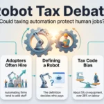 Robot Tax Debate: Could Taxing Automation Protect Human Jobs? Robot tax debate infographic showing what a robot tax is, why defining a robot is hard, the tax bias favouring equipment over labour and faster alternatives.