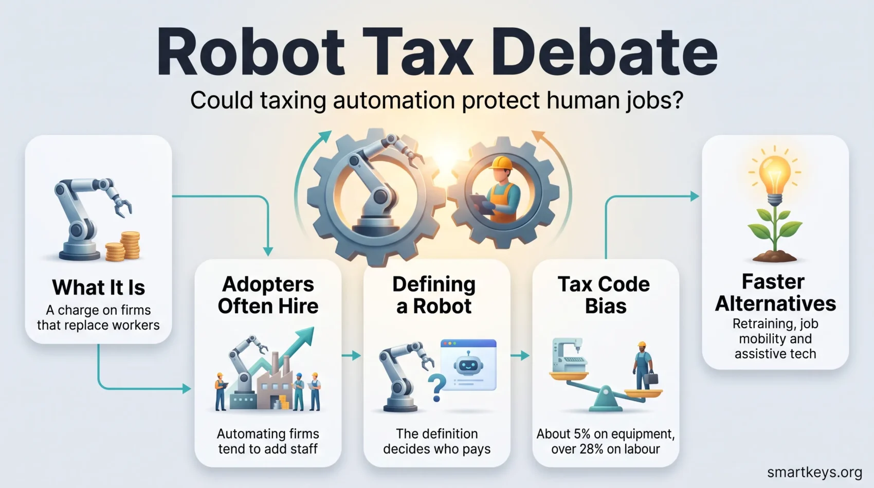 Robot tax debate infographic showing what a robot tax is, why defining a robot is hard, the tax bias favouring equipment over labour and faster alternatives.