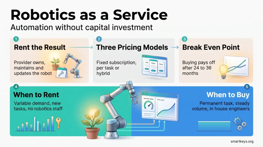 Robotics as a service infographic showing the rental model, three pricing models, a 24 to 36 month break even, and when to rent or buy.