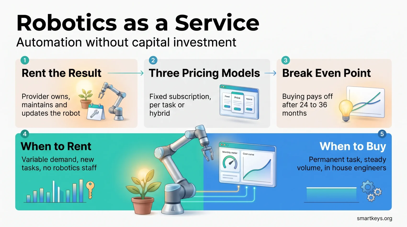 Robotics as a service infographic showing the rental model, three pricing models, a 24 to 36 month break even, and when to rent or buy.