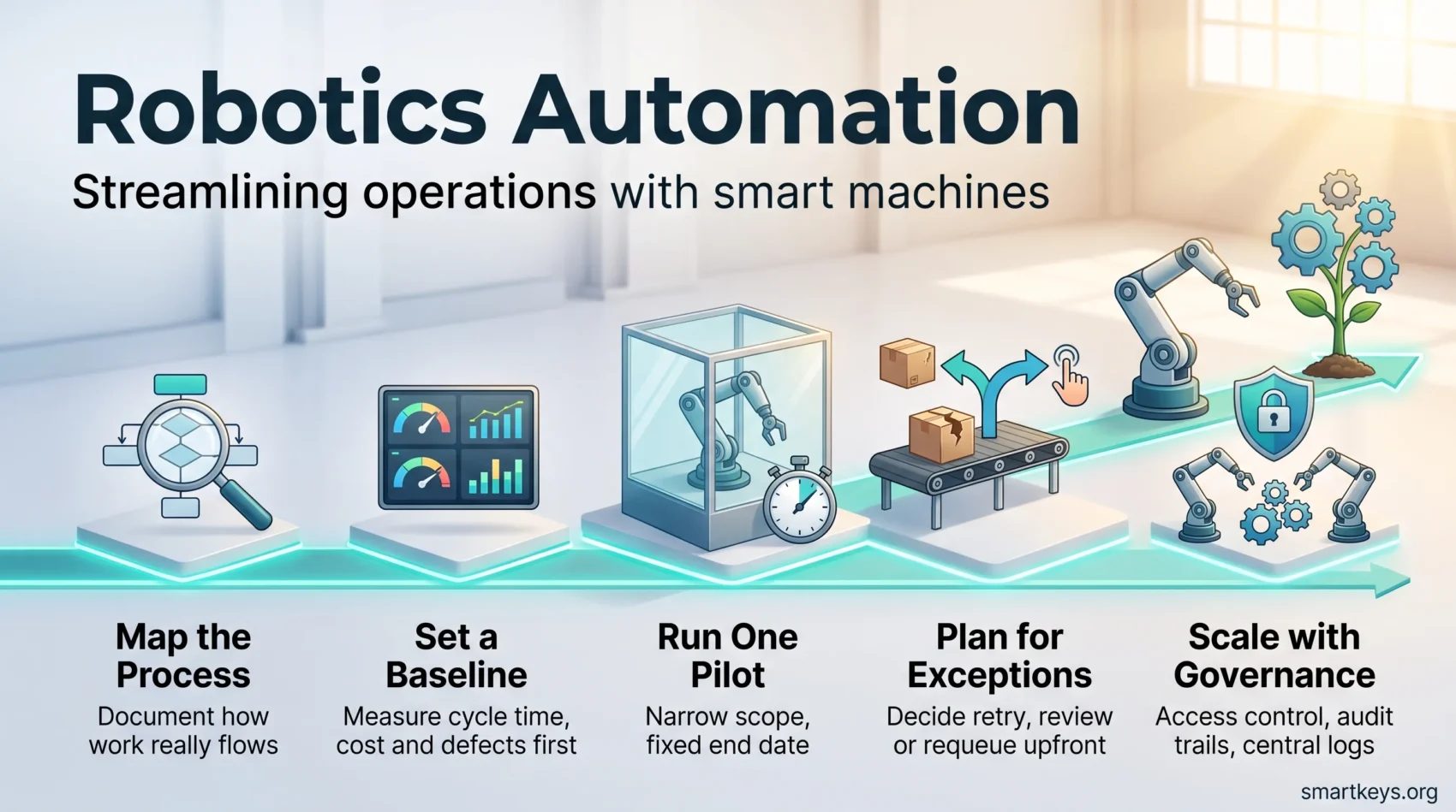 Robotics automation infographic with five steps: map the process, set a baseline, run one pilot, plan for exceptions and scale with governance.