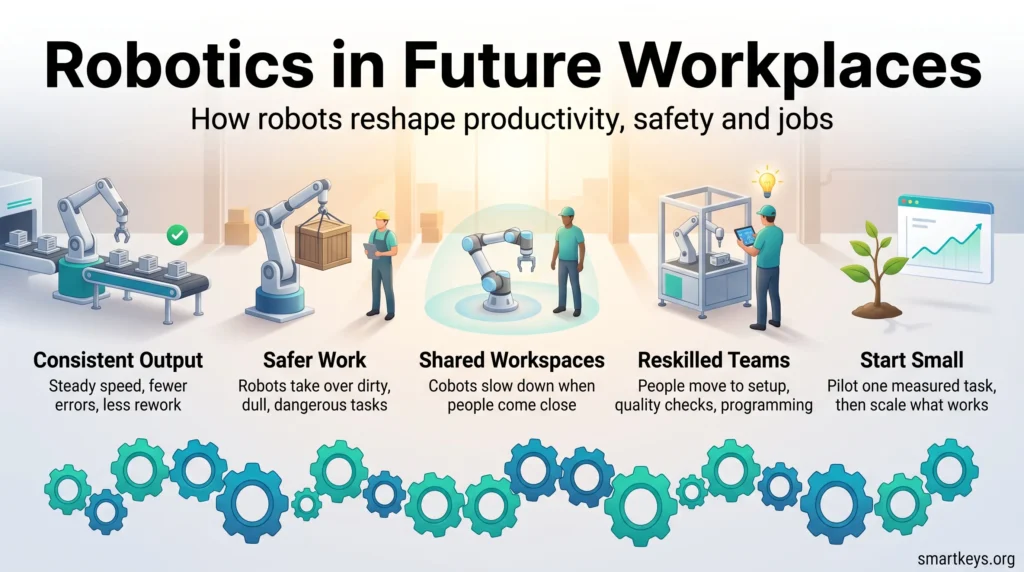 Infographic on robotics in the workplace showing five pillars: consistent output, safer work, shared workspaces, reskilled teams and starting small.