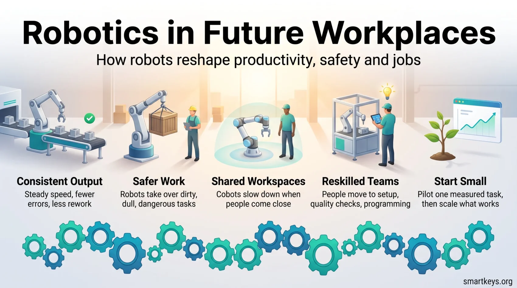 Infographic on robotics in the workplace showing five pillars: consistent output, safer work, shared workspaces, reskilled teams and starting small.