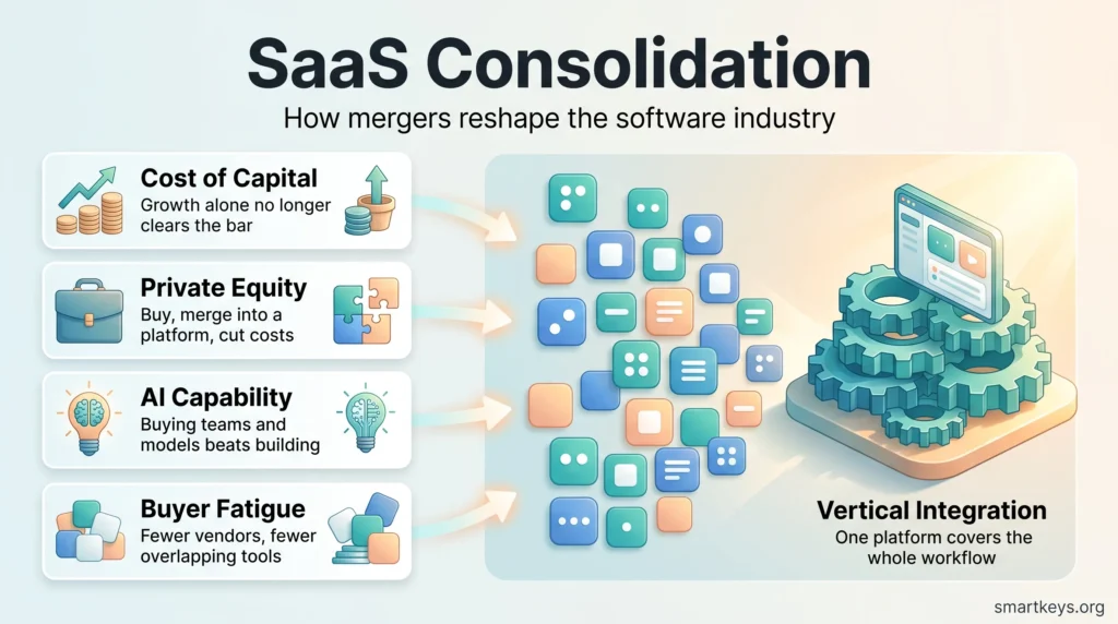 SaaS consolidation infographic showing four drivers, from cost of capital to buyer fatigue, merging many apps into one integrated platform.