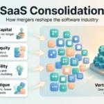 SaaS consolidation infographic showing four drivers, from cost of capital to buyer fatigue, merging many apps into one integrated platform.